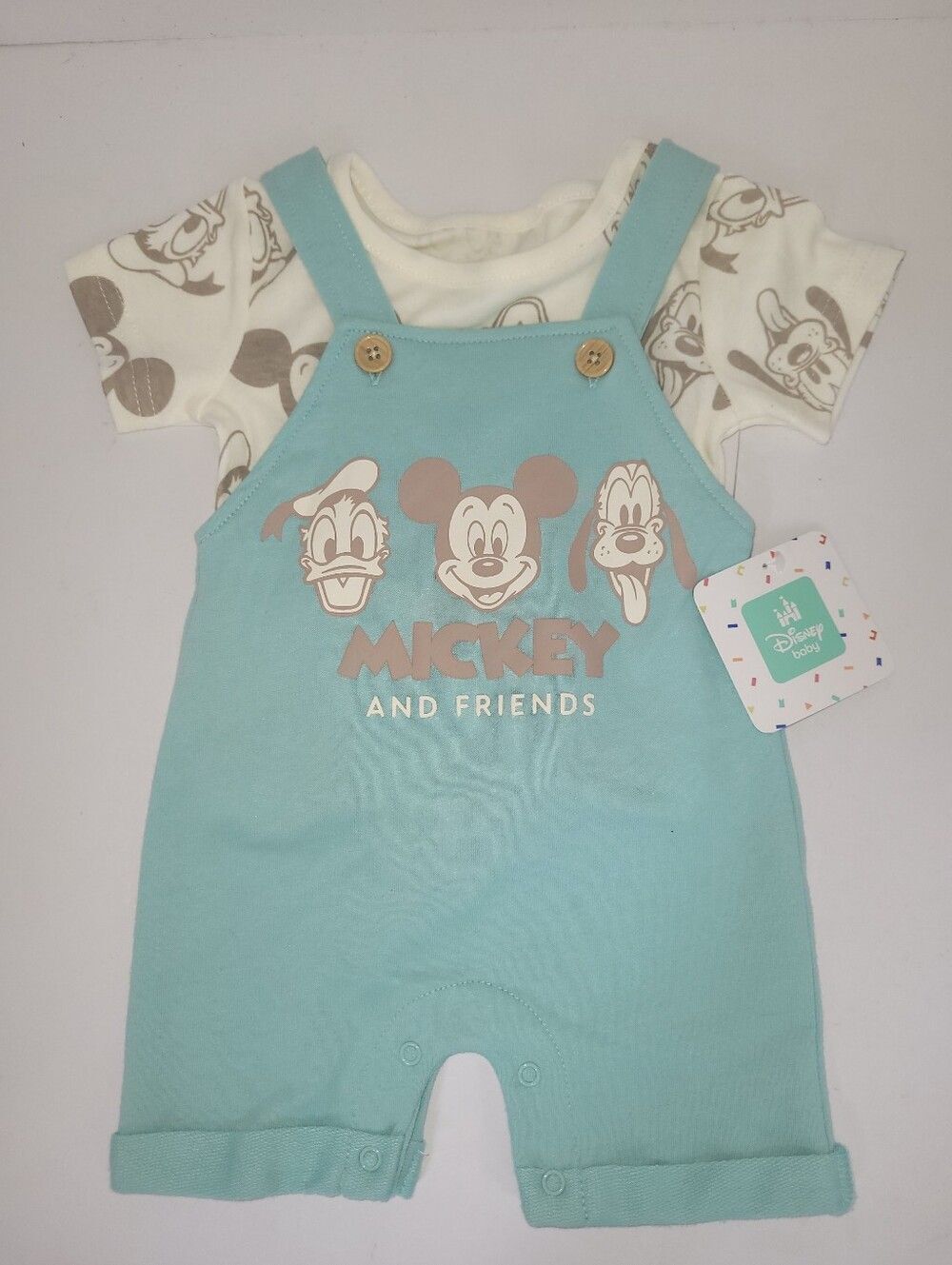 Disney Size 0-3 Months Mickey and Friends Blue Top And Overalls Romper NWT